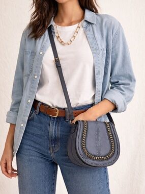 Aimee Kestenberg Saddle Crossbody Bag Blue Gray with Gold Hardware